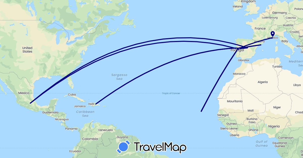 TravelMap itinerary: driving in Cape Verde, Dominican Republic, Spain, France, Monaco, Mexico, Portugal (Africa, Europe, North America)